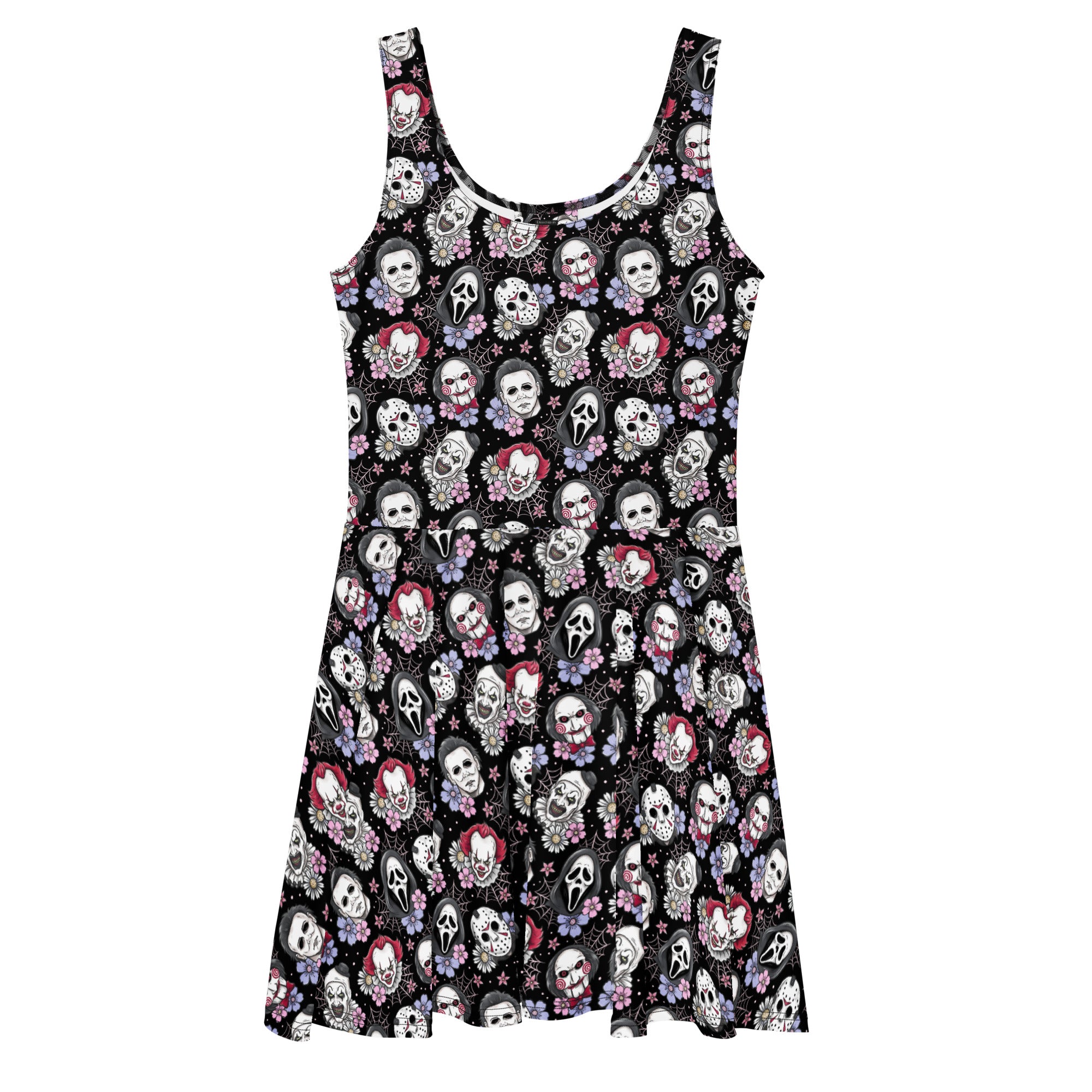 Black and pink horror movie villains skater dress with graphic print from Printful, featuring a vibrant all-over design on a white background.