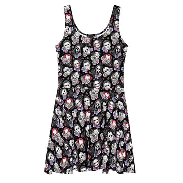 Black and pink horror movie villains skater dress with graphic print from Printful, featuring a vibrant all-over design on a white background.