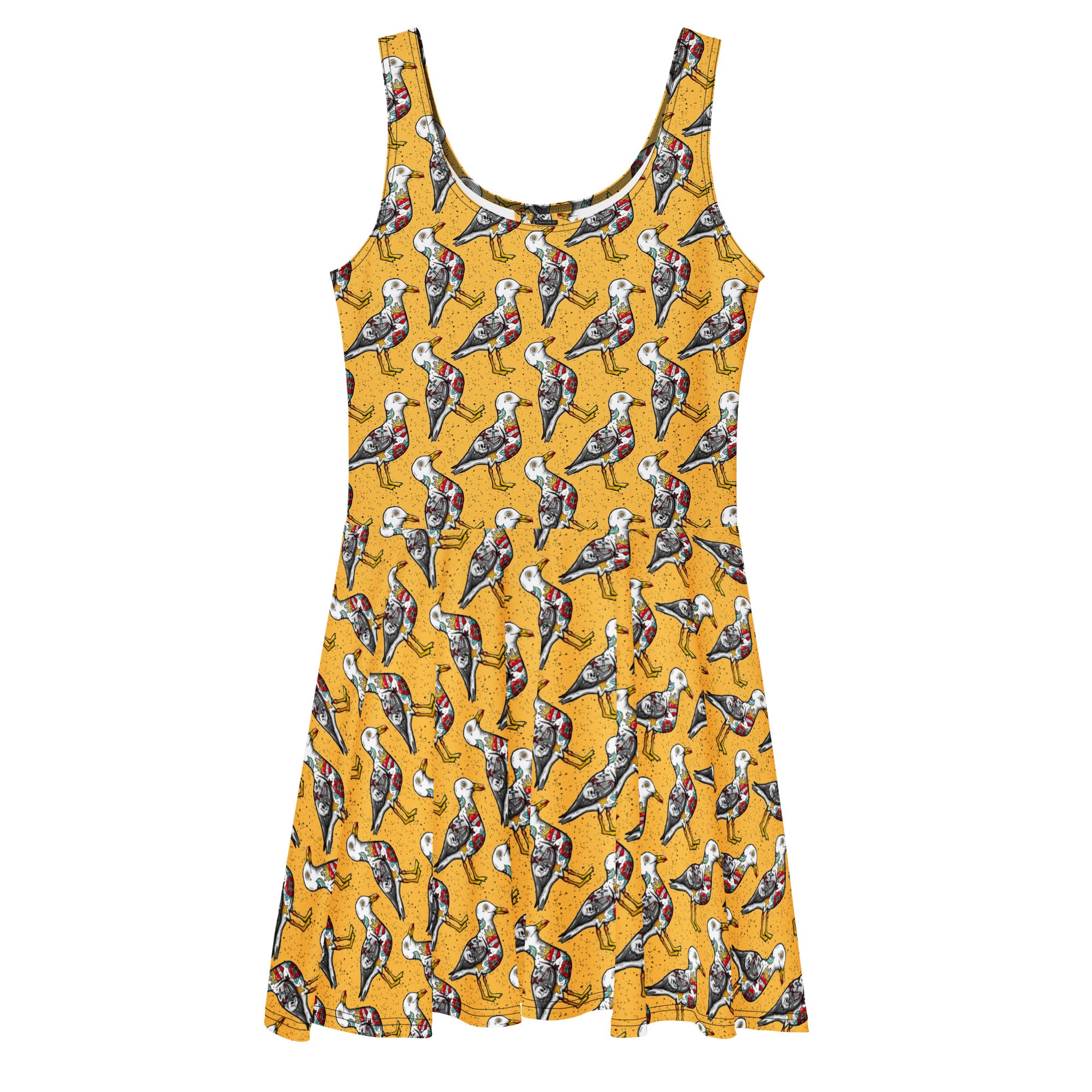 Yellow Nautigul print skater dress by Printful, all-over design, white background, front view, made in Latvia.