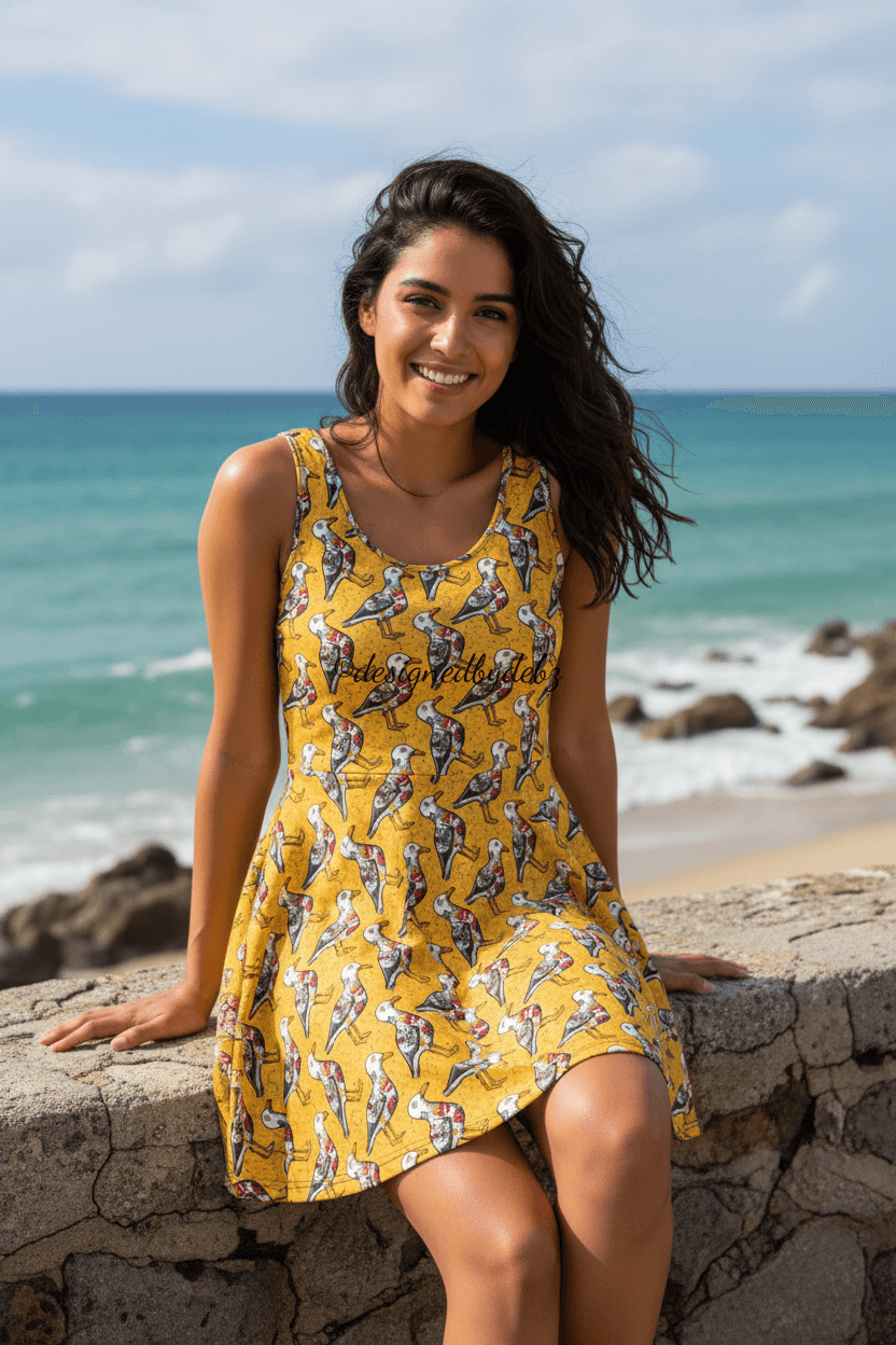 A woman in a yellow sleeveless dress with a tattooed seagull print sits on a stone wall, with the ocean and beach in the background.