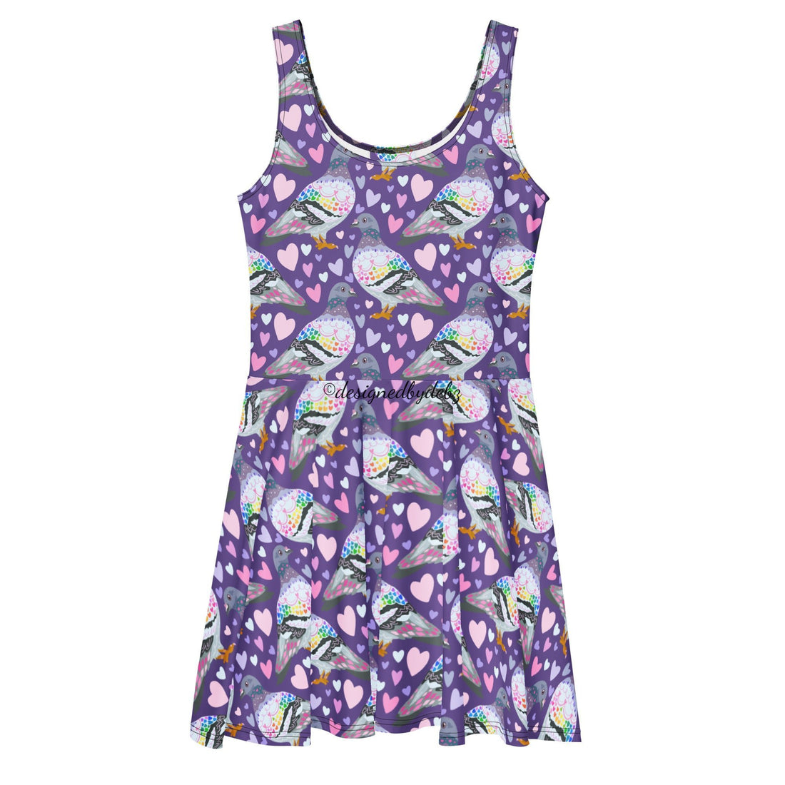 White Pigeon Love Skater Dress by Printful featuring all-over bird print and fitted waist, front view.