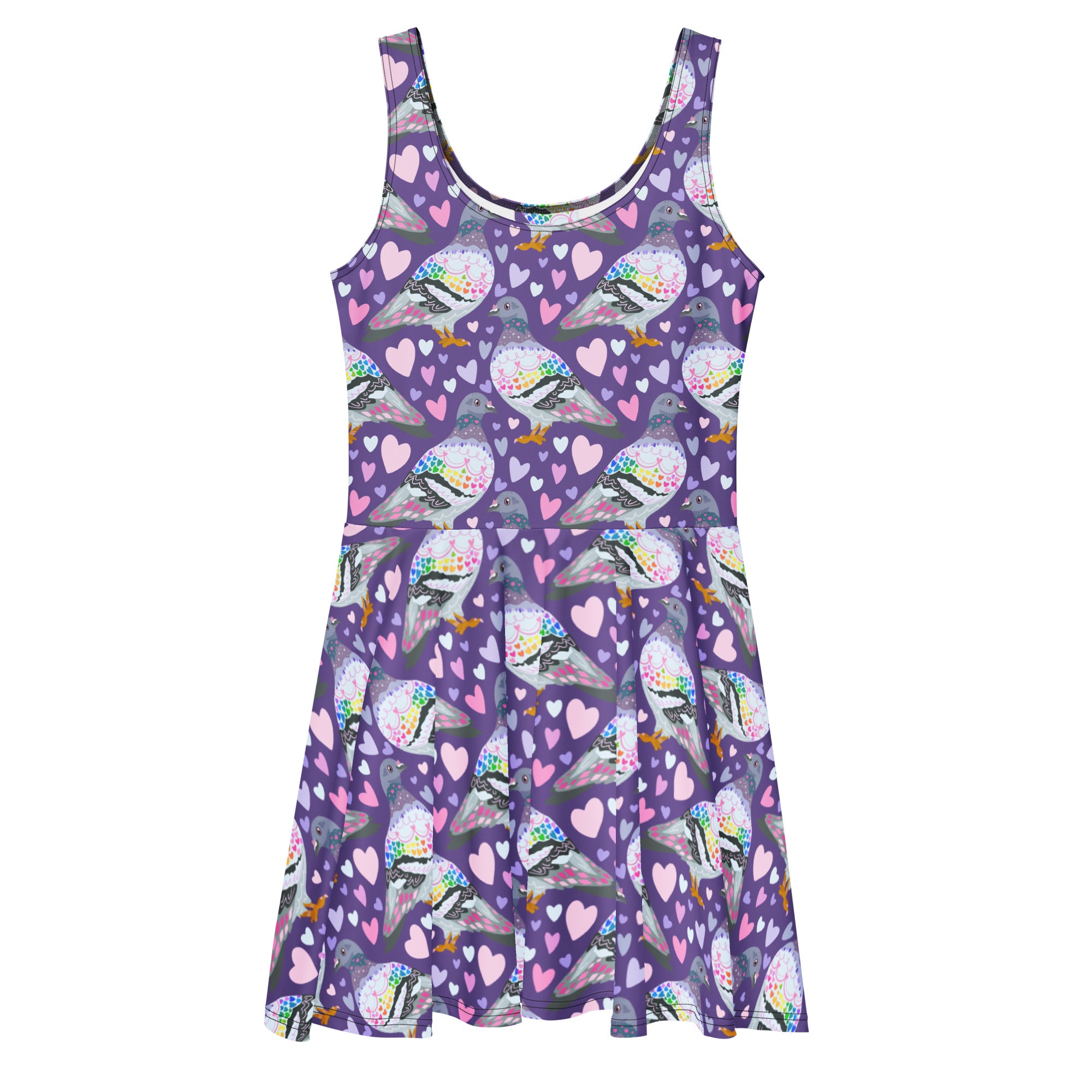 Printful Pigeon Love skater dress with all-over white print, featuring a fitted cut-sew design and a flattering front view.