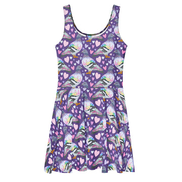 Printful Pigeon Love skater dress with all-over white print, featuring a fitted cut-sew design and a flattering front view.