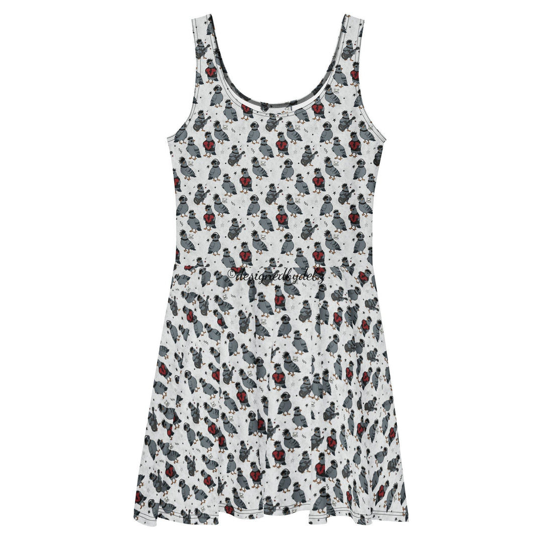 Printful Emo Pigeons recycled skater dress featuring all-over pigeon print on a white background, front view.
