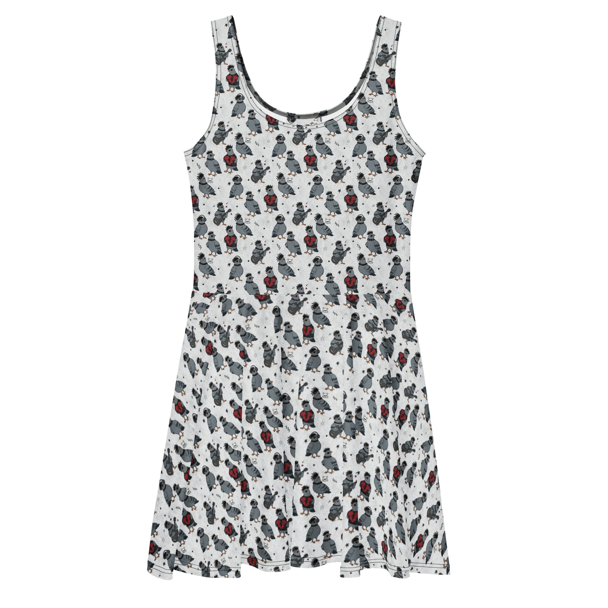 Printful Emo Pigeons recycled skater dress featuring all-over pigeon print on a white background, front view.