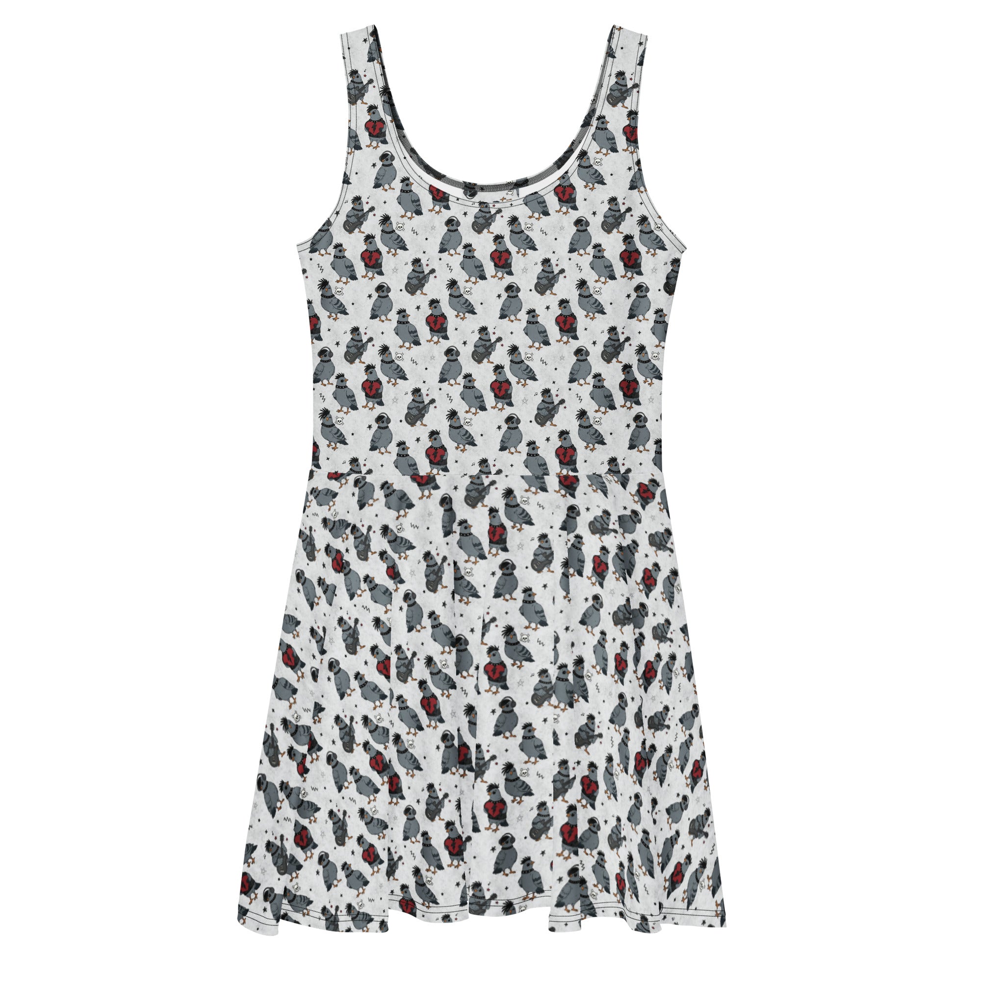 Printful Emo Pigeons recycled skater dress featuring all-over pigeon print on a white background, front view.
