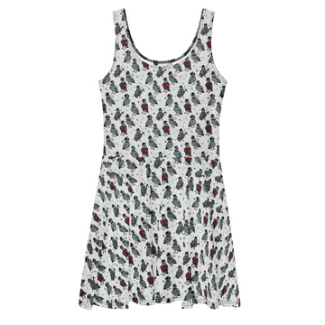 Printful Emo Pigeons recycled skater dress featuring all-over pigeon print on a white background, front view.