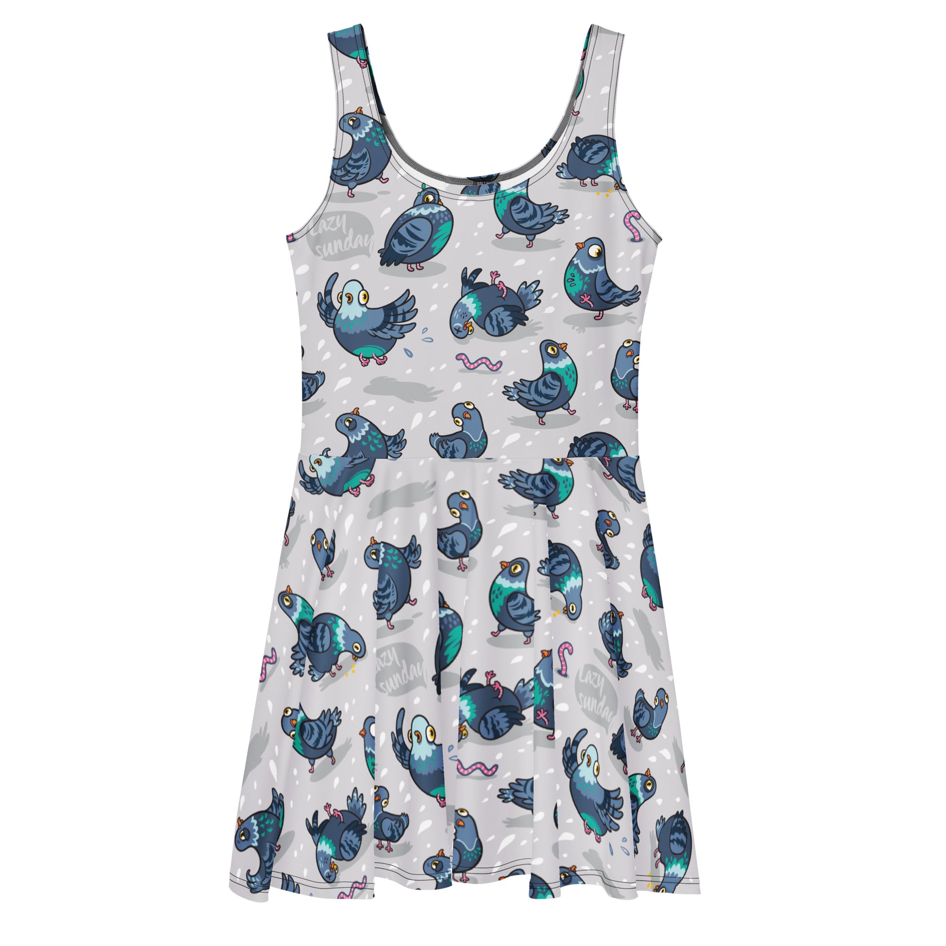 White Silly Pigeons skater dress by Printful with colorful all-over pigeon print, front view showing the fit and design details.