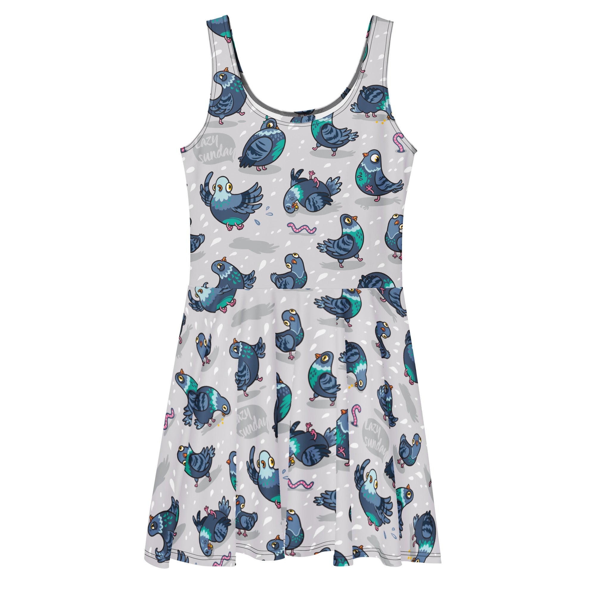 White Silly Pigeons skater dress by Printful with colorful all-over pigeon print, front view showing the fit and design details.