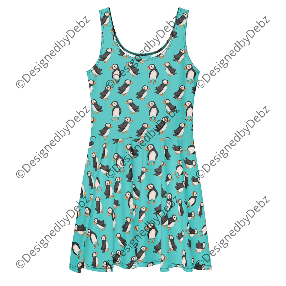White Puffin Skater Dress by Designed By Debz with colorful all-over print, front view showing fitted waist and flared skirt.