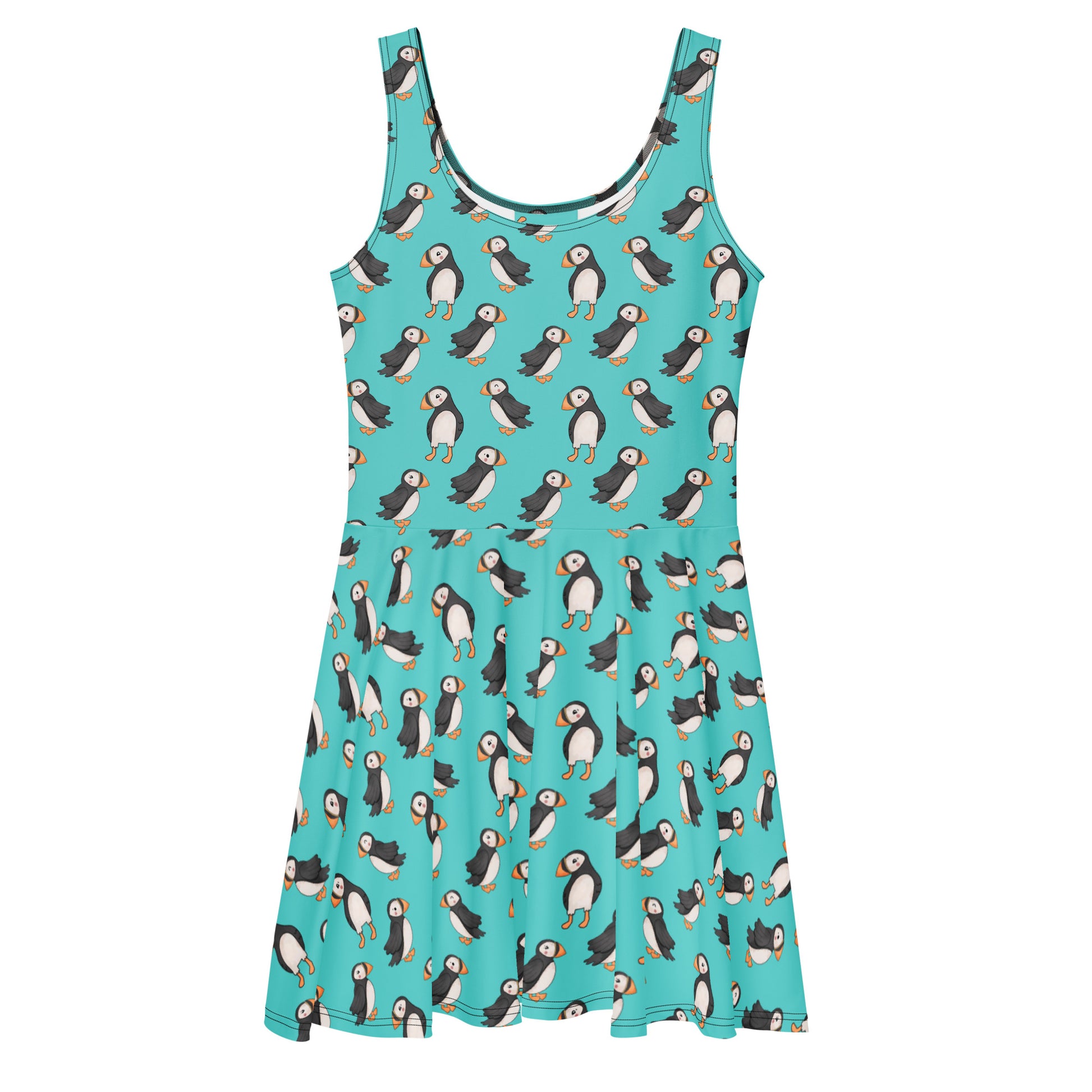 White Puffin Skater Dress by Designed By Debz with colorful all-over print, front view showing fitted waist and flared skirt.