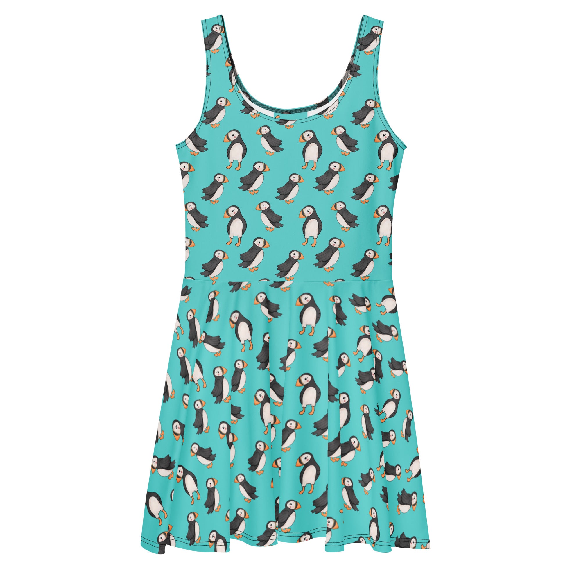 White Puffin Skater Dress by Designed By Debz with colorful all-over print, front view showing fitted waist and flared skirt.