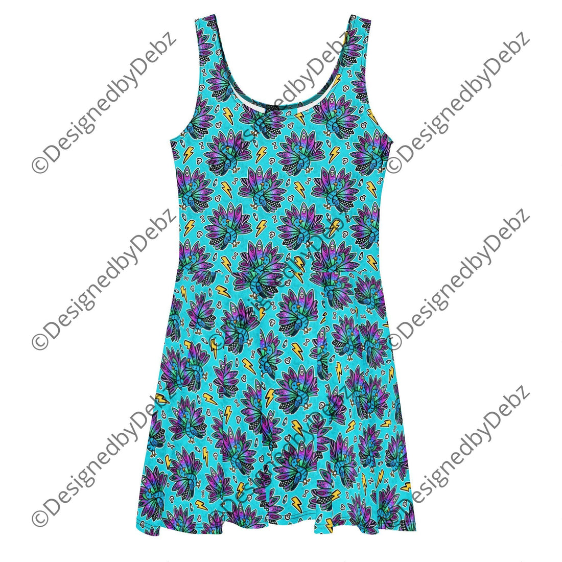 Peacock print skater dress by Designed By Debz, made-to-order cut-sew dress with an all-over peacock feather design on white fabric.
