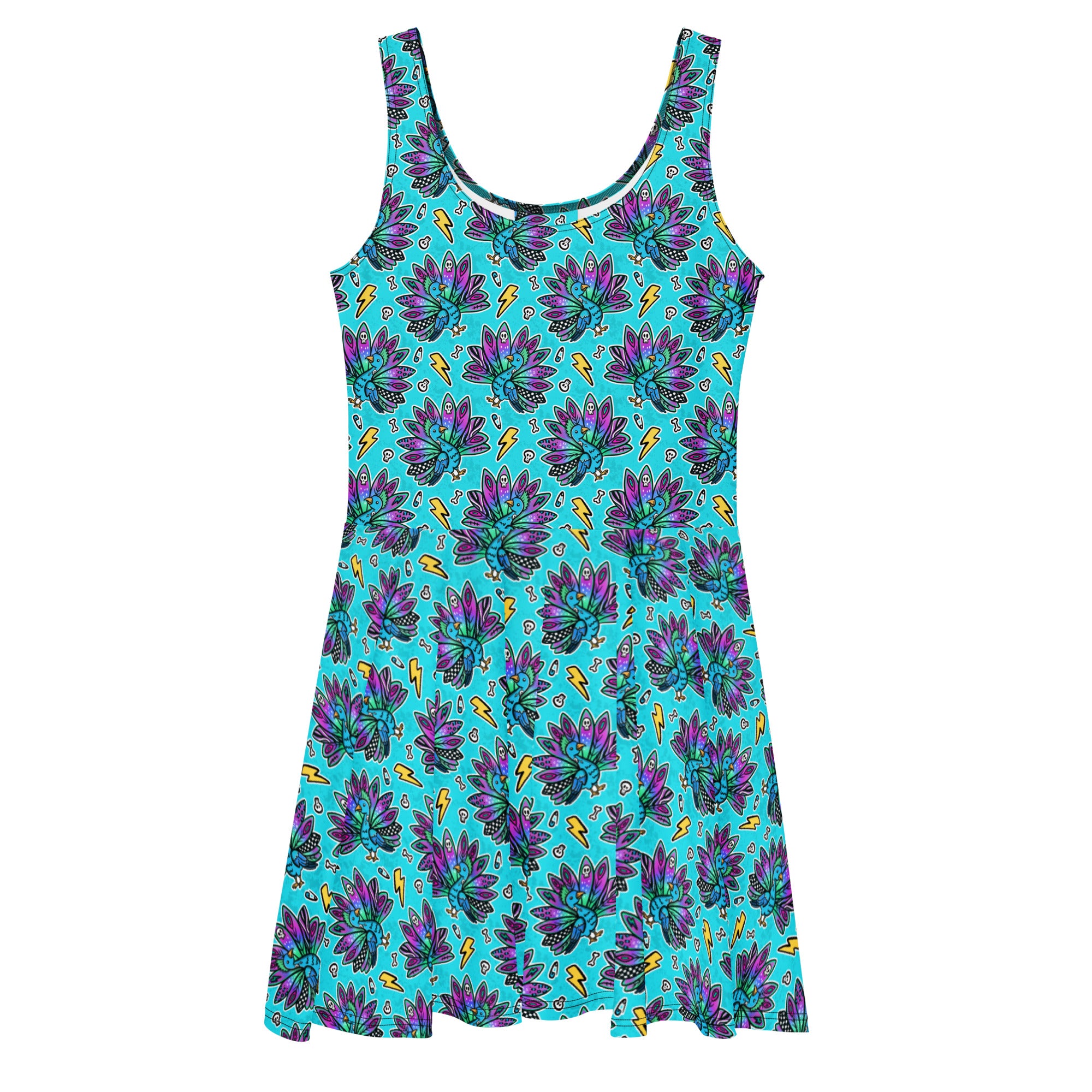Peacock print skater dress by Designed By Debz, made-to-order cut-sew dress with an all-over peacock feather design on white fabric.