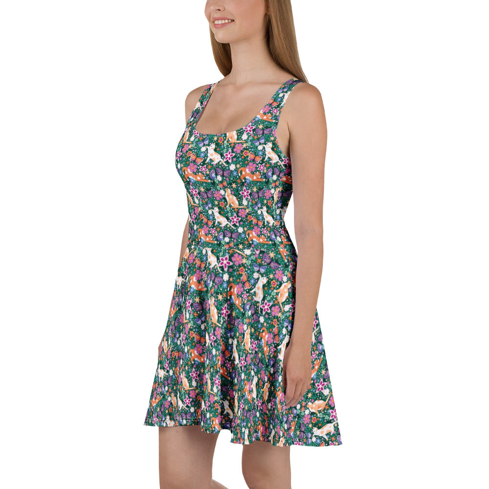 Printful Garden Familiar Skater Dress featuring cats and butterflies, with vibrant all-over print on a white background.