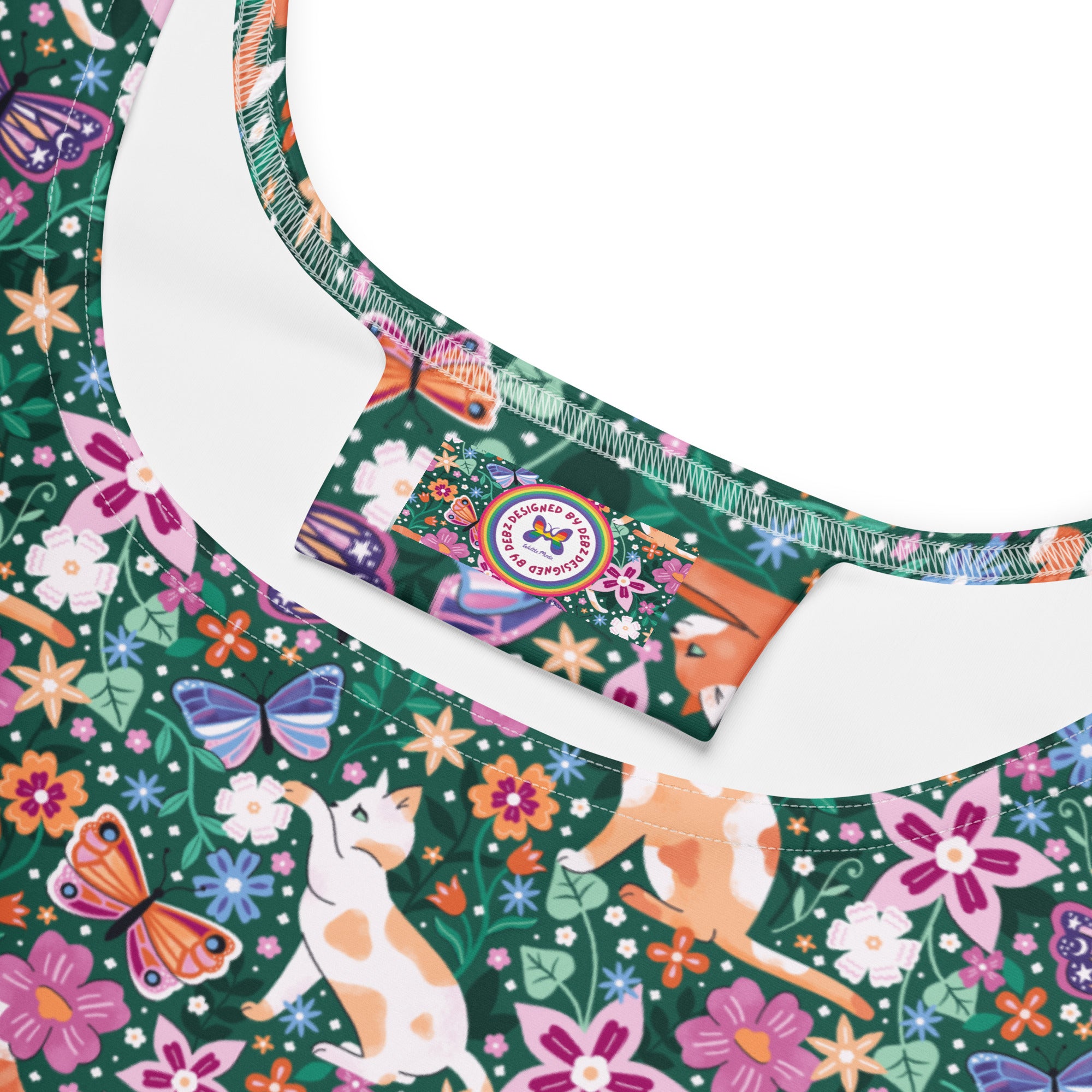 White Garden Familiar Skater Dress by Printful featuring cats and butterflies, made to order with vibrant all-over print.