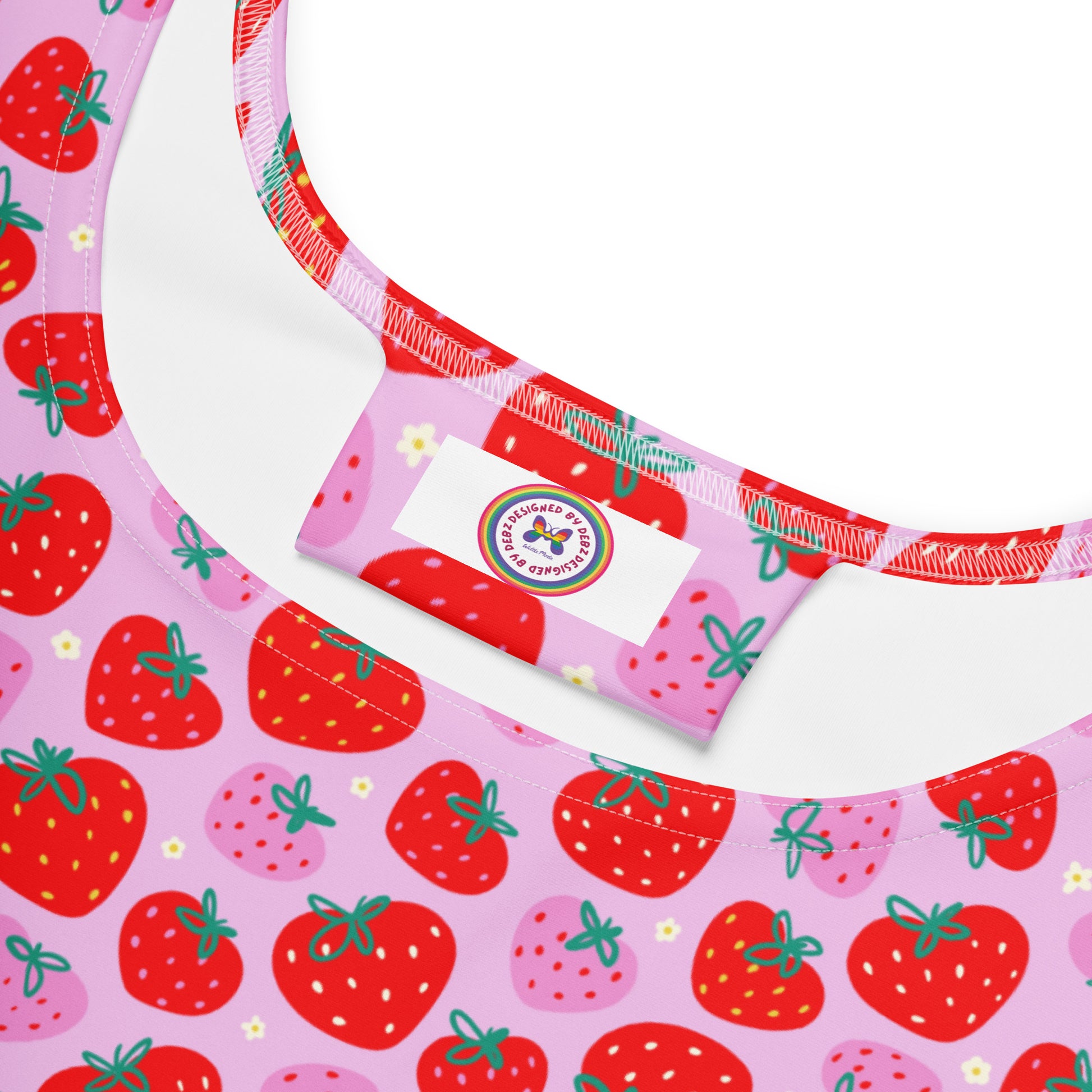 Printful Scrummy Strawberries skater dress with all-over strawberry print on white fabric, stylish and casual women's dress.