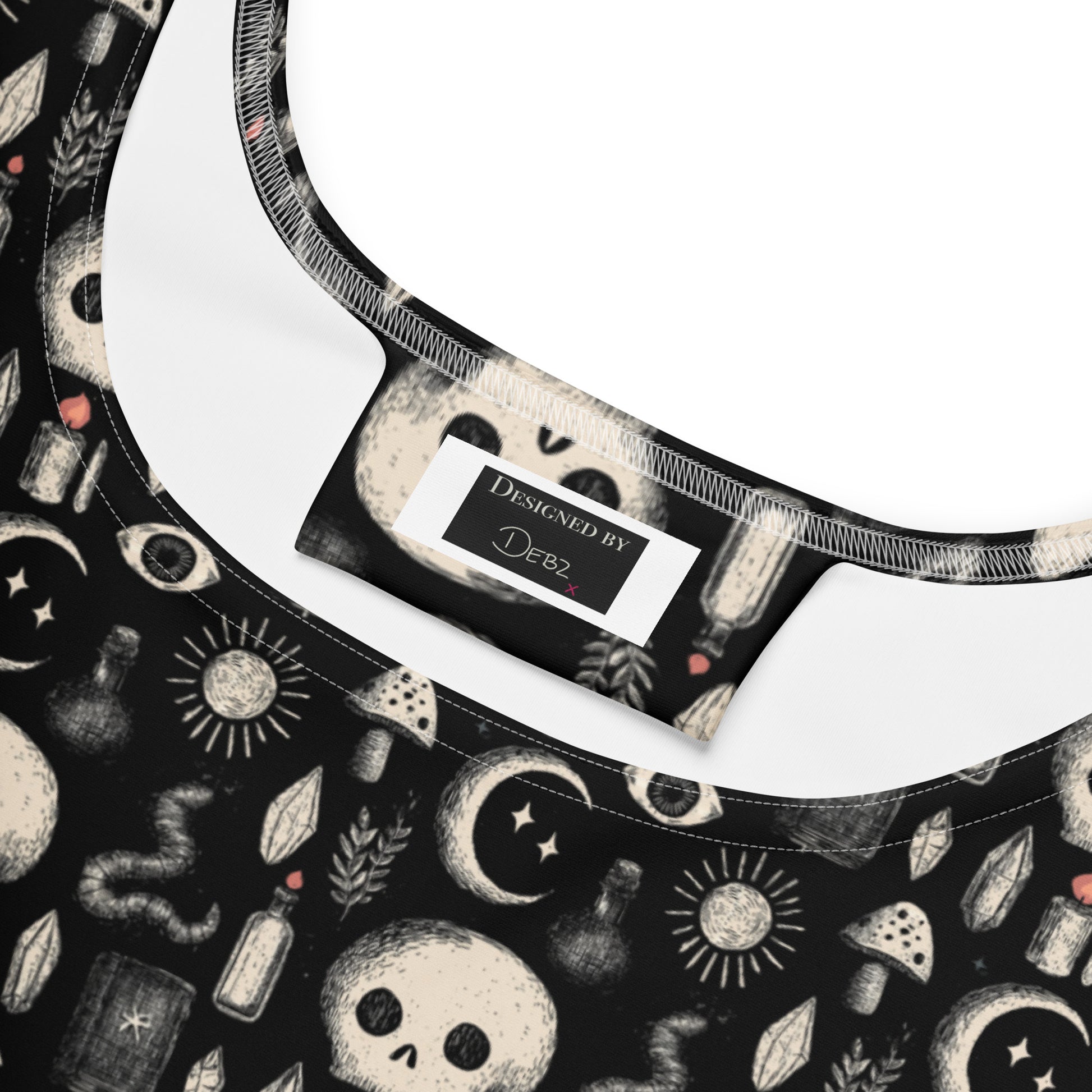 Dark occult skater dress by Printful featuring skulls, snakes, and toadstools in a detailed all-over print on white fabric.