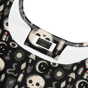 Dark occult skater dress by Printful featuring skulls, snakes, and toadstools in a detailed all-over print on white fabric.