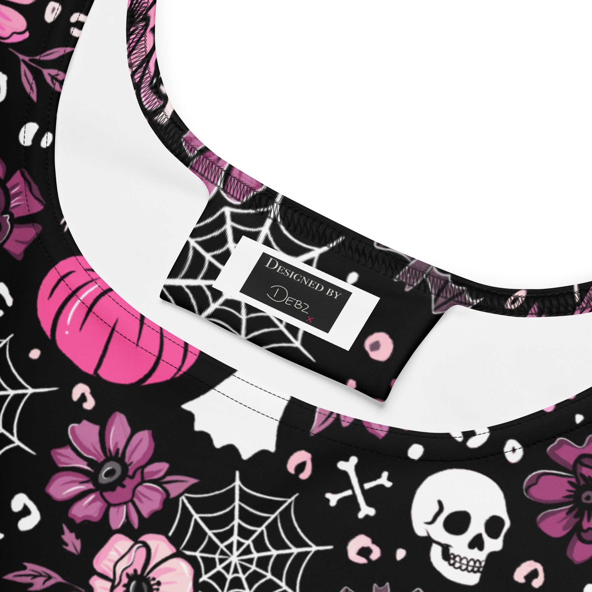 Pink Halloween-themed skater dress by Printful made from recycled fabric, featuring an all-over spooky print.