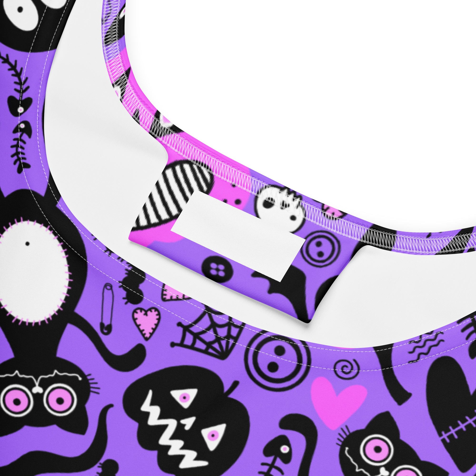 Purple Spooky Doodle skater dress by Designed By Debz with all-over print, shown on a mannequin in size XS-3XL.