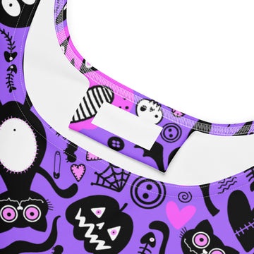 Purple Spooky Doodle skater dress by Designed By Debz with all-over print, shown on a mannequin in size XS-3XL.