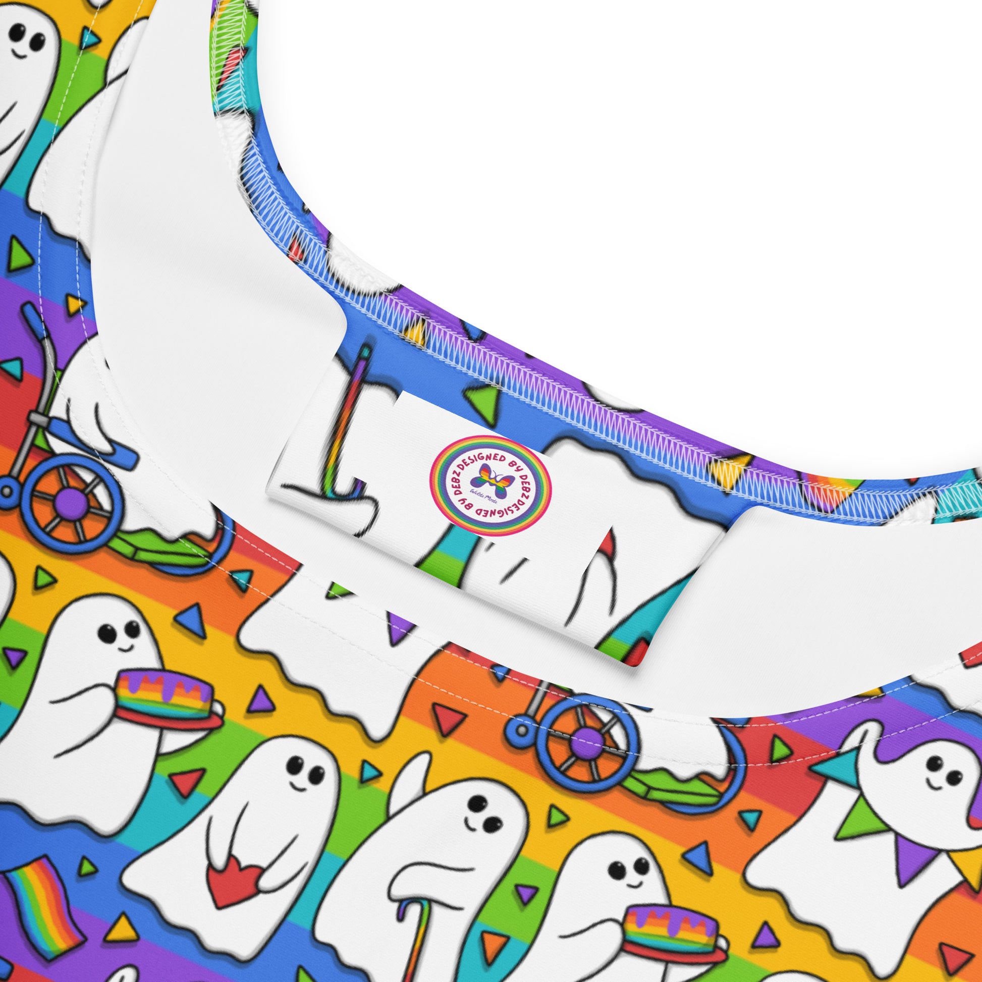 White skater dress by Wilde Mode Pride Ghosts featuring vibrant all-over print, made to order from Printful.