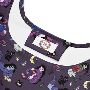 Printful Books, Bats and Cats skater dress featuring an all-over print of books, bats, and cats on a white background.