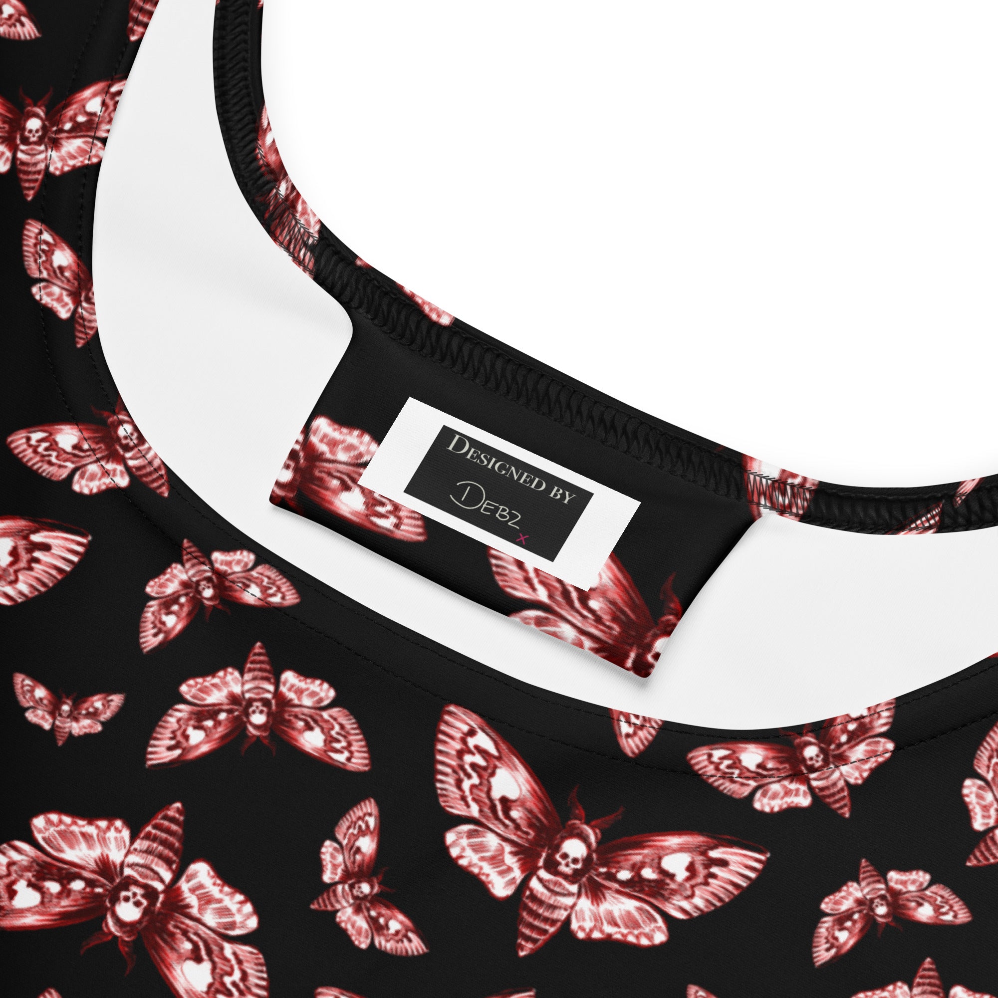 Gothic red and black death head moth print skater dress by Printful, featuring all-over moth design on white fabric.
