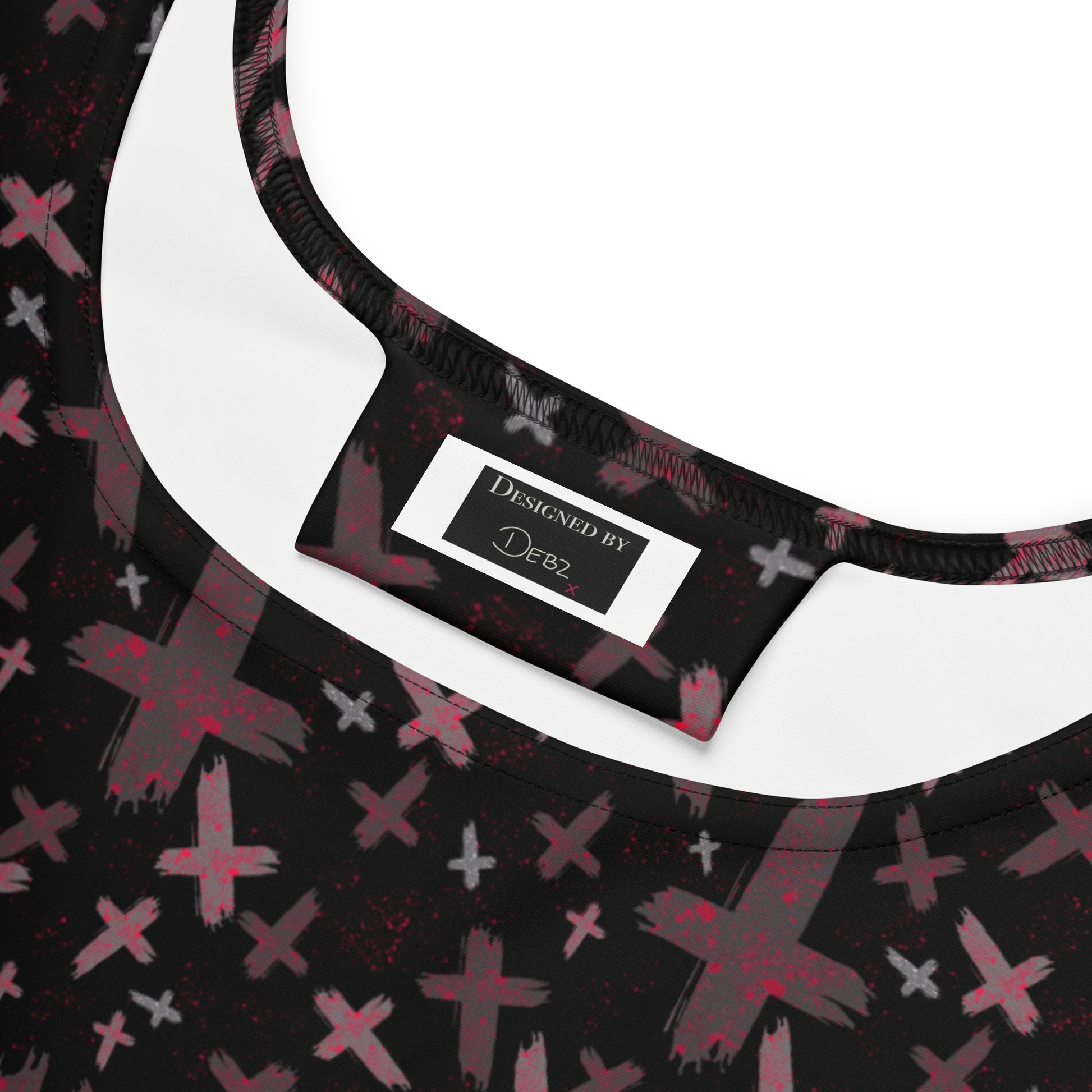Red and black Gothic print skater dress by Printful featuring inverted cross design, made in Latvia, with all-over print details.