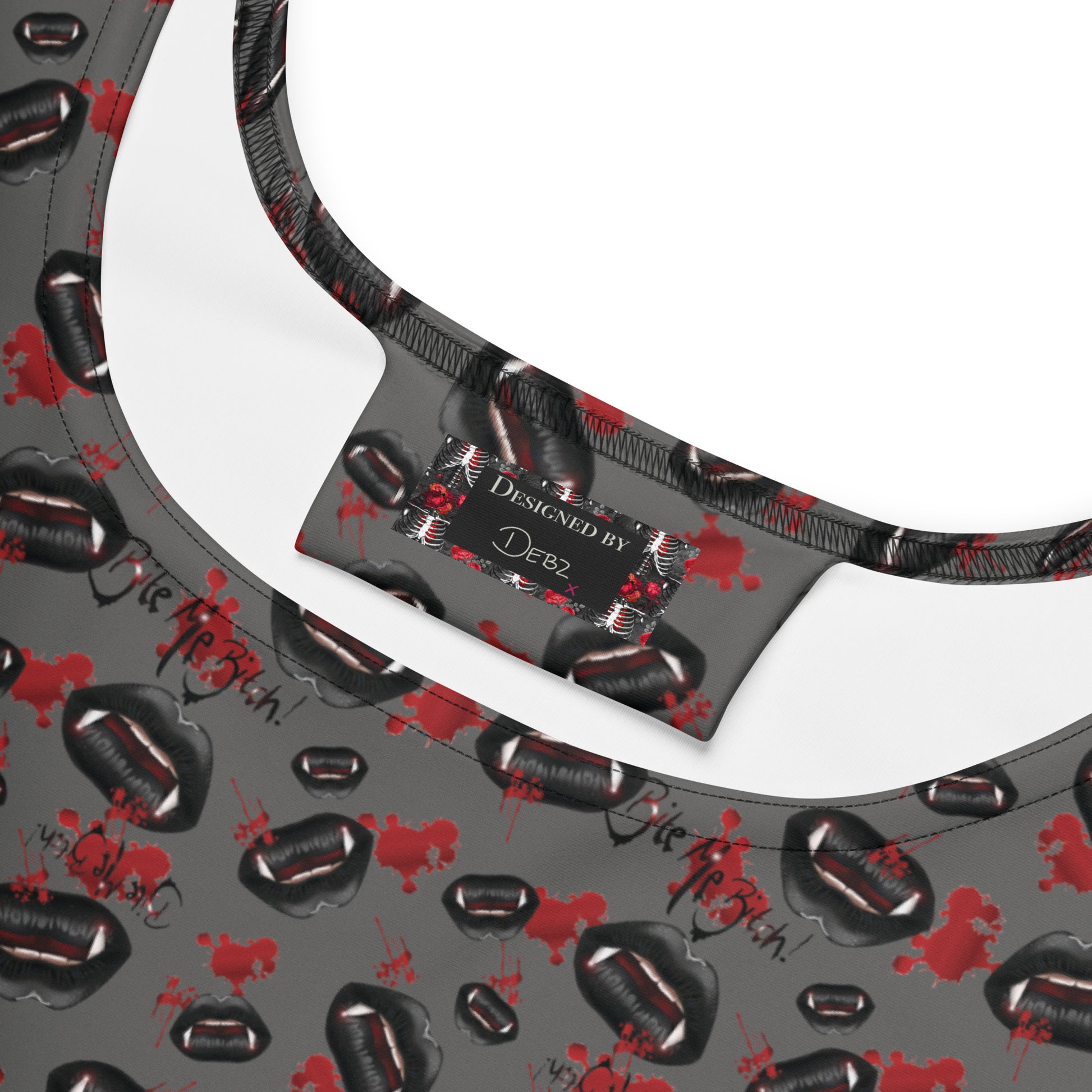 Black skater dress with Bite Me Buffy tribute print featuring lips and blood, made by Printful in Latvia.