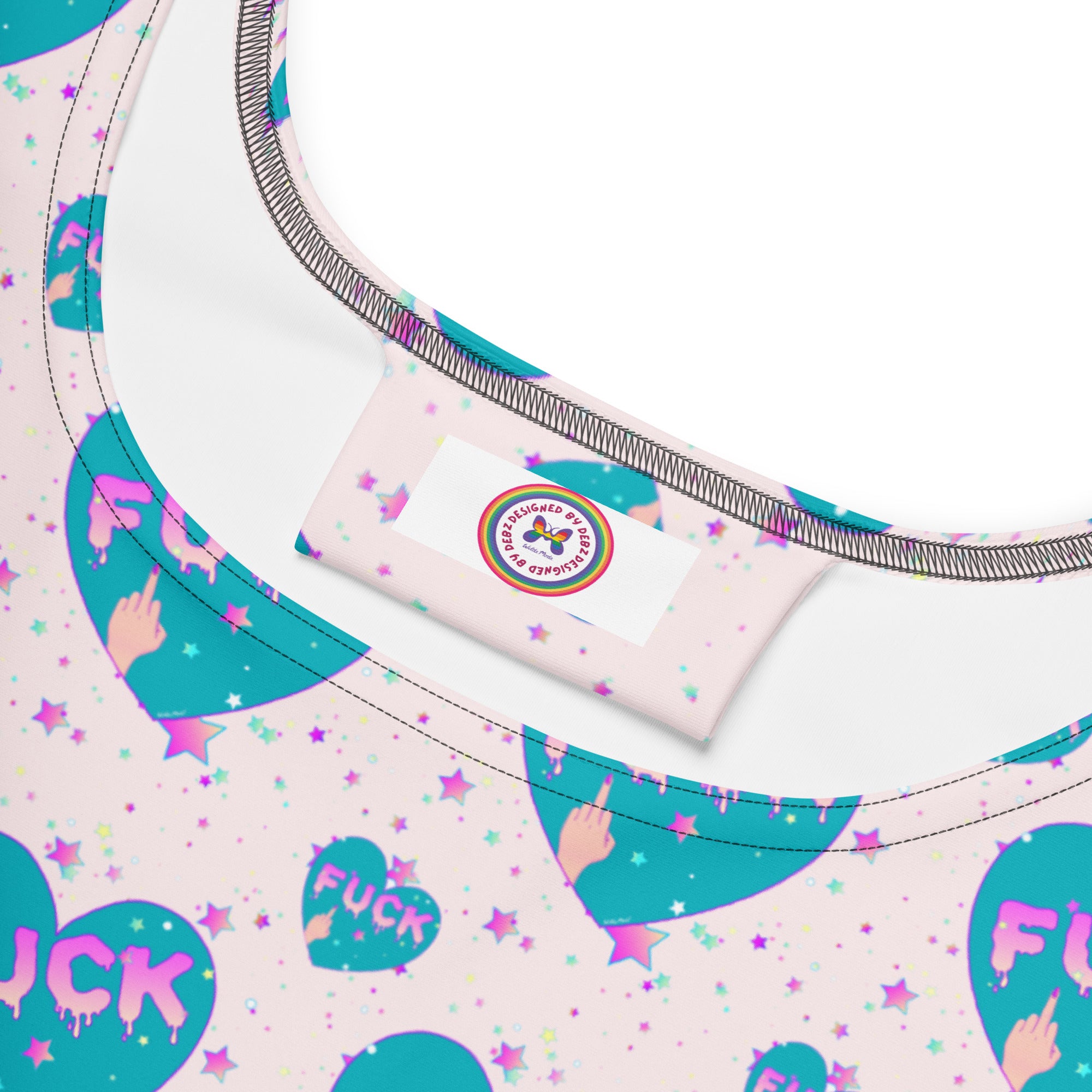 Pink and turquoise printed skater dress by Sweet F You featuring an all-over colorful pattern, made in Latvia.
