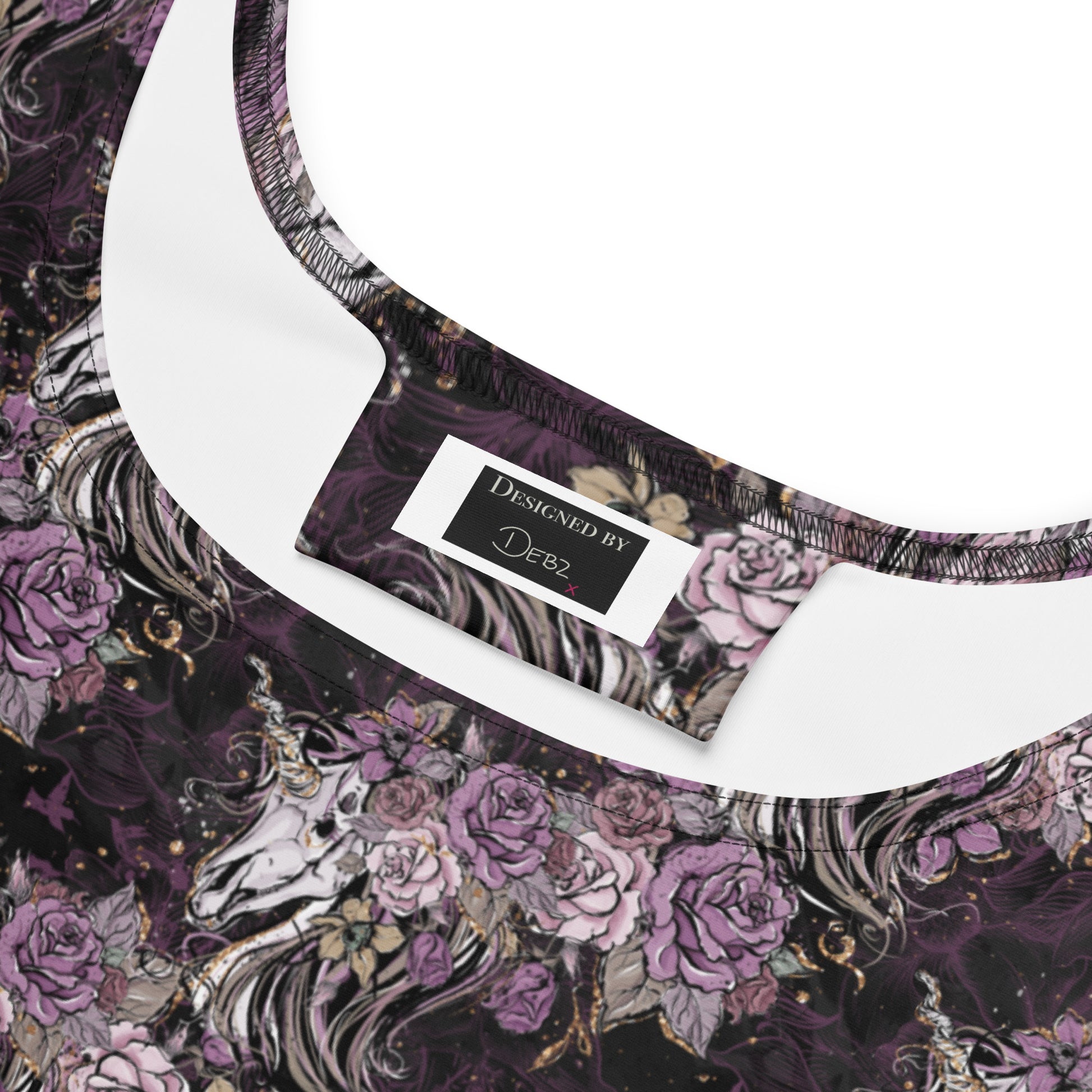 Dark purple floral unicorn skulls printed skater dress by Printful, showing the all-over pattern and fitted style.