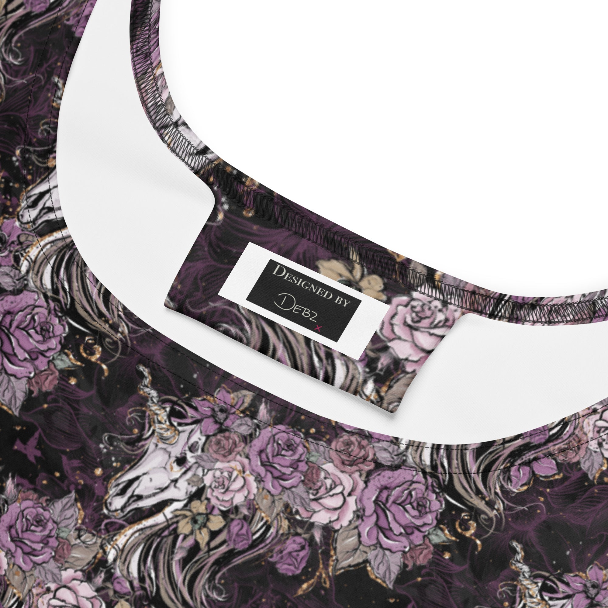 Dark purple floral unicorn skulls printed skater dress by Printful, showing the all-over pattern and fitted style.