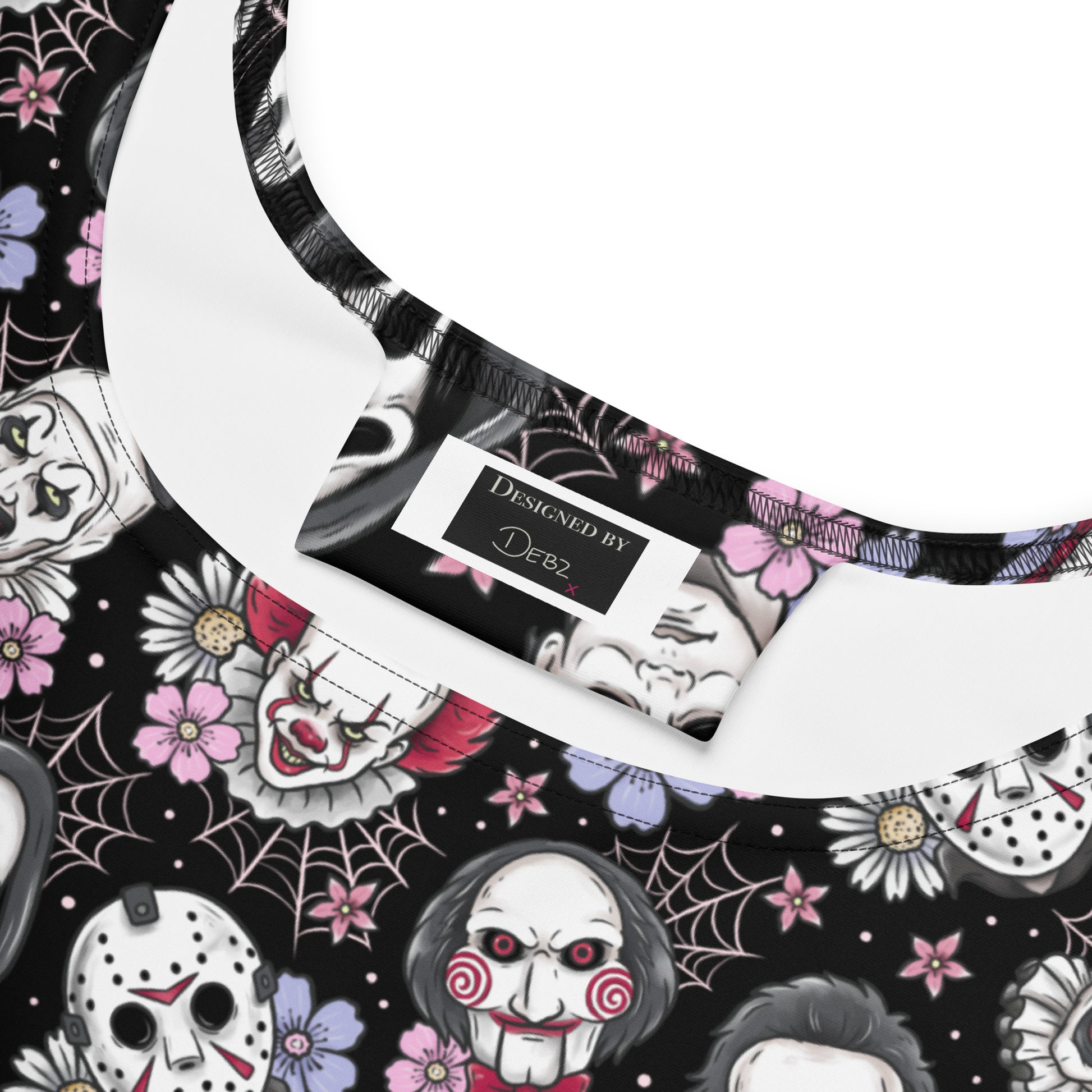 Black and pink horror villain skater dress by Printful featuring all-over graphic print, made in Latvia.