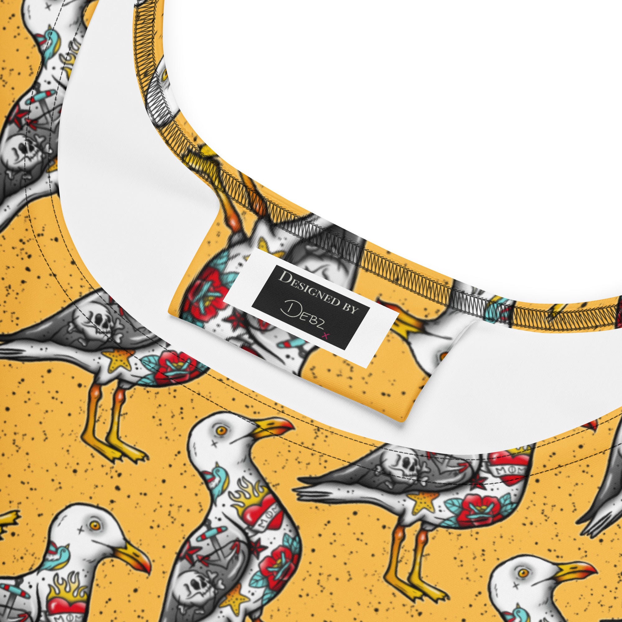 Yellow Nautigul print skater dress by Printful with all-over nautical pattern, made in Latvia, shown from front view.