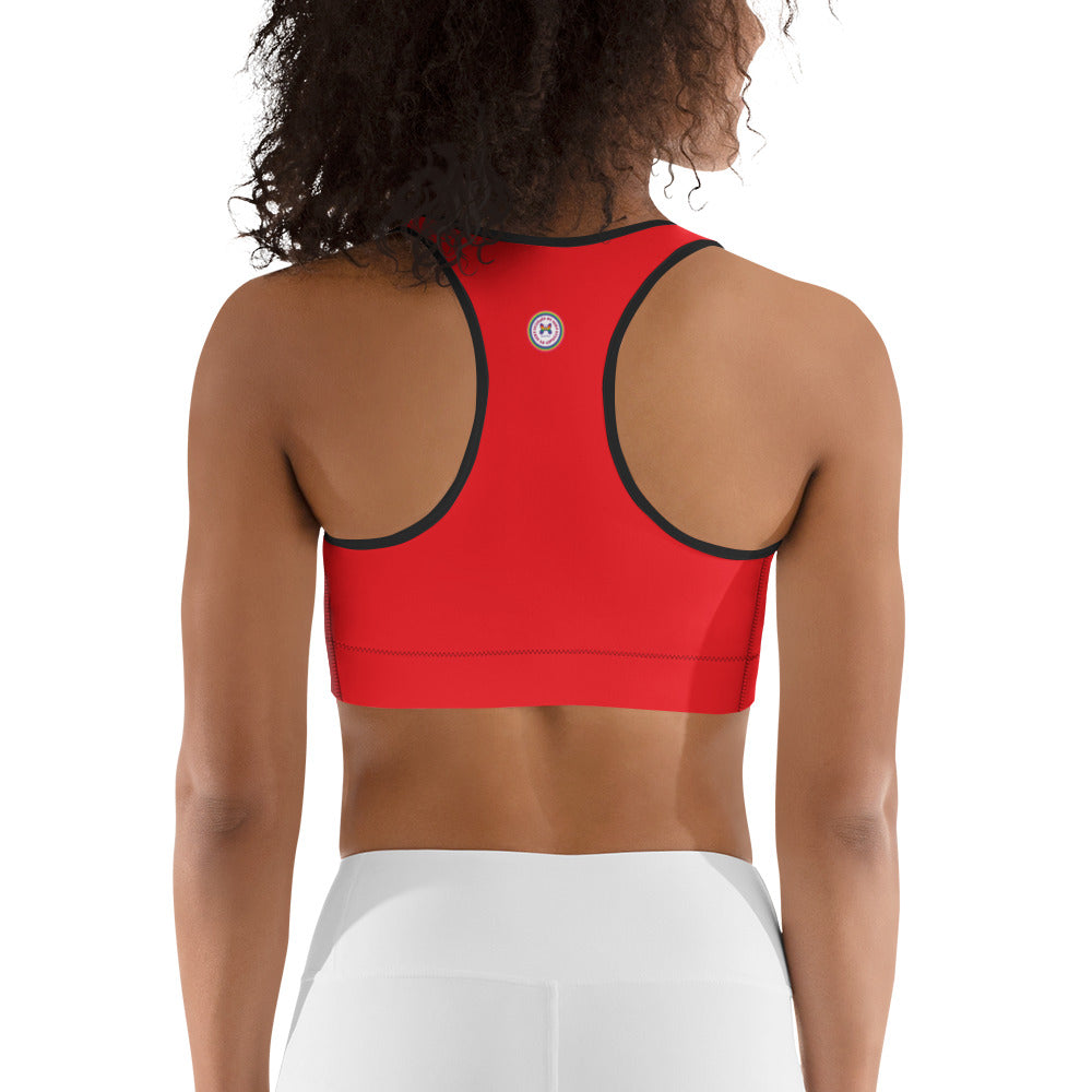 Red Printful sports bra with all-over black print, showing the back design, available in XS to 2XL sizes.