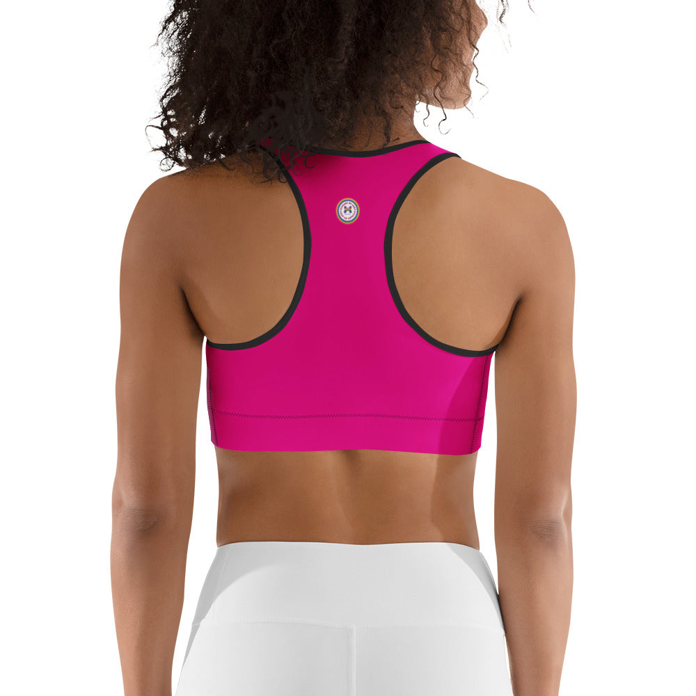 Hot pink sports bra by Designed By Debz with all-over print, back view, made by Printful in XS to 2XL sizes.