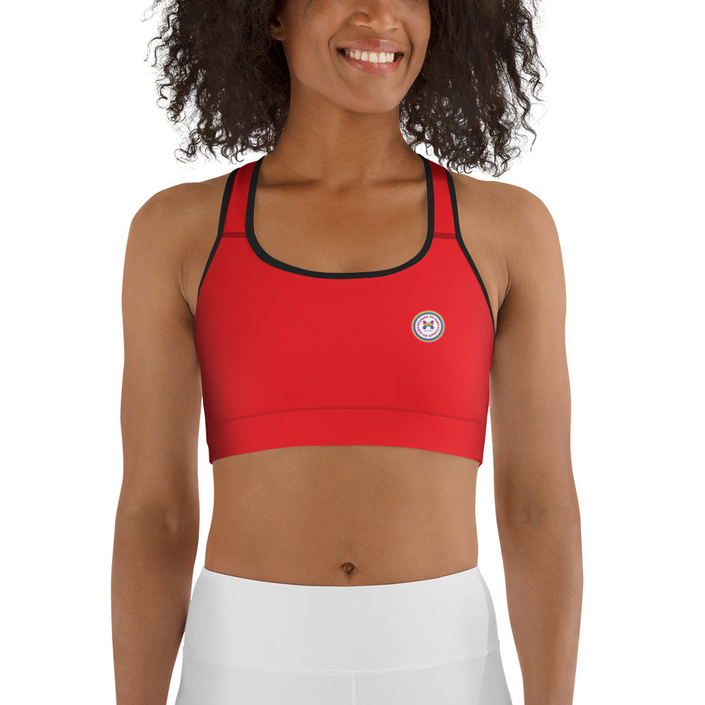 Red Printful sports bra with all-over print design, front view, available in XS to 2XL size.