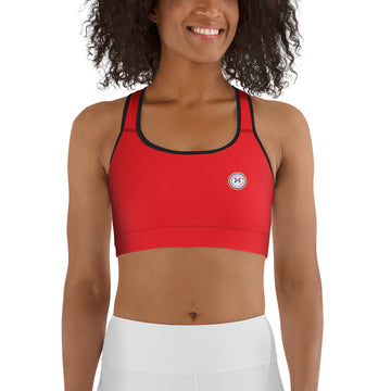 Red Printful sports bra with all-over print design, front view, available in XS to 2XL size.