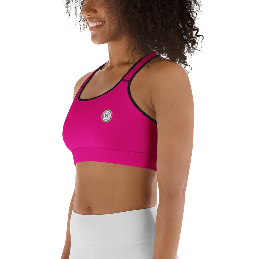 Hot pink printed sports bra by Designed By Debz featuring an all-over black pattern, made to order in sizes XS to 2XL.