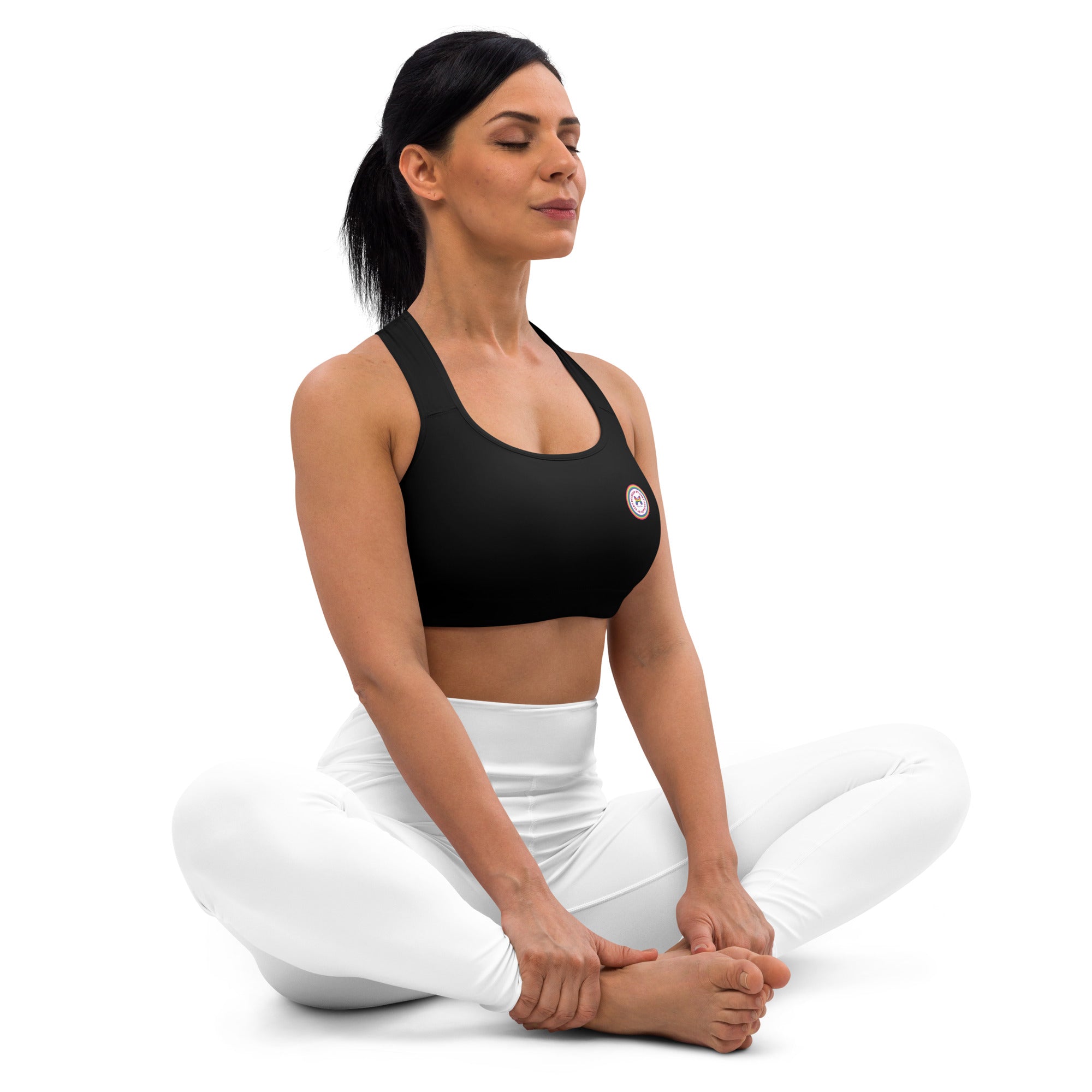 Black Printful sports bra with all-over print design and Debz logo, shown from the right side. Available in XS to 2XL.