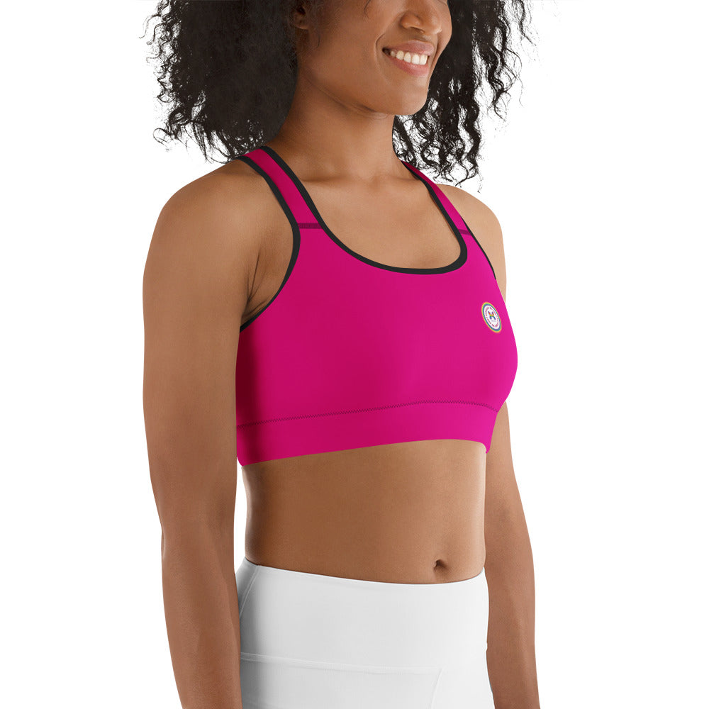 Hot pink branded Sports Bra by Designed By Debz with an all-over print, made to order in XS-2XL from Printful.