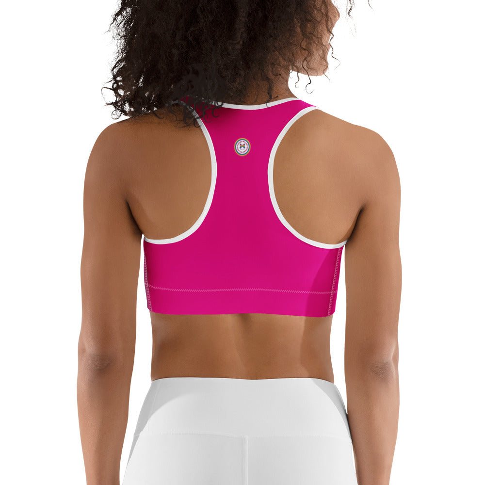 Hot pink all-over-print sports bra by Designed By Debz featuring a white back, made from stretchy activewear fabric.