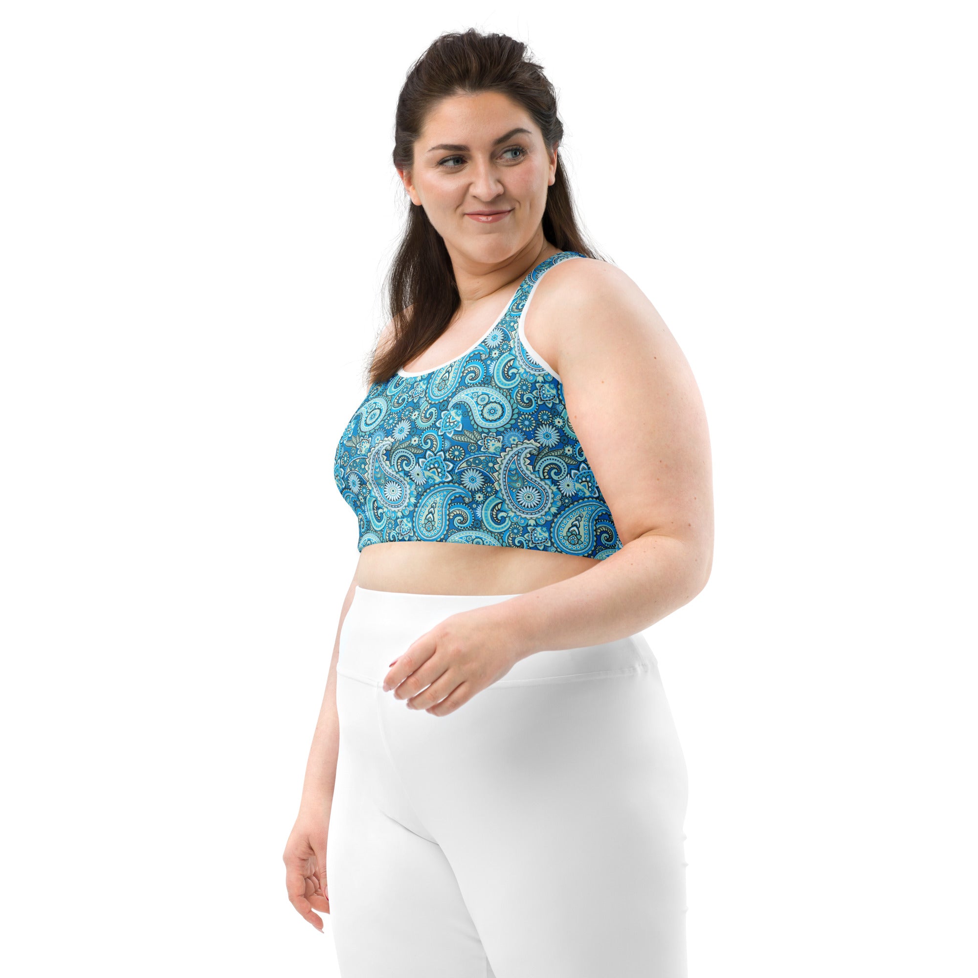 Blue paisley print Sports Bra by Printful, featuring an all-over design, front view, available in XS to 2XL.