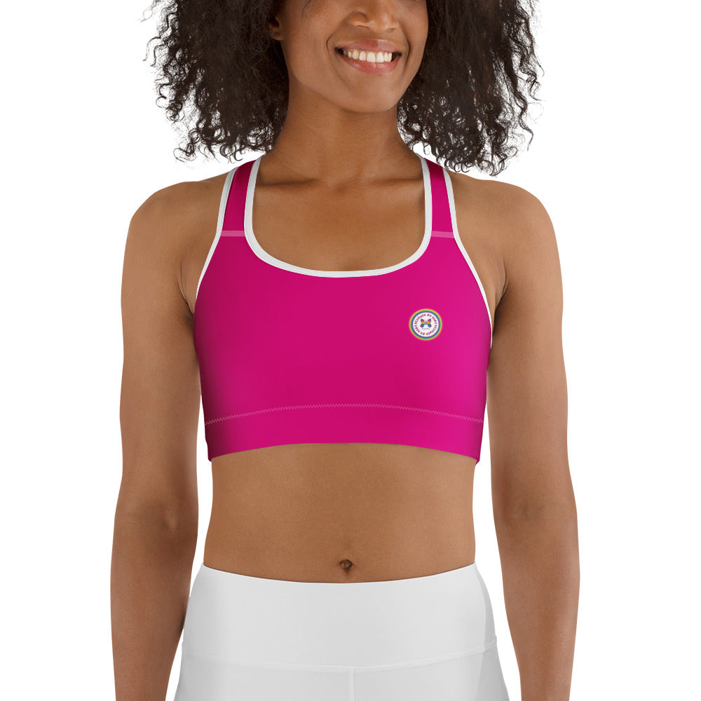 Hot pink sports bra by Designed By Debz with all-over print, front view, made to order, available in XS to 2XL.