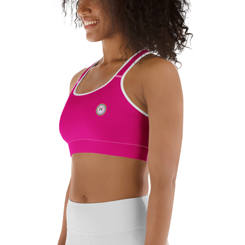 Hot pink sports bra by Designed By Debz with all-over print, made to order, featuring a supportive fit and stylish design.