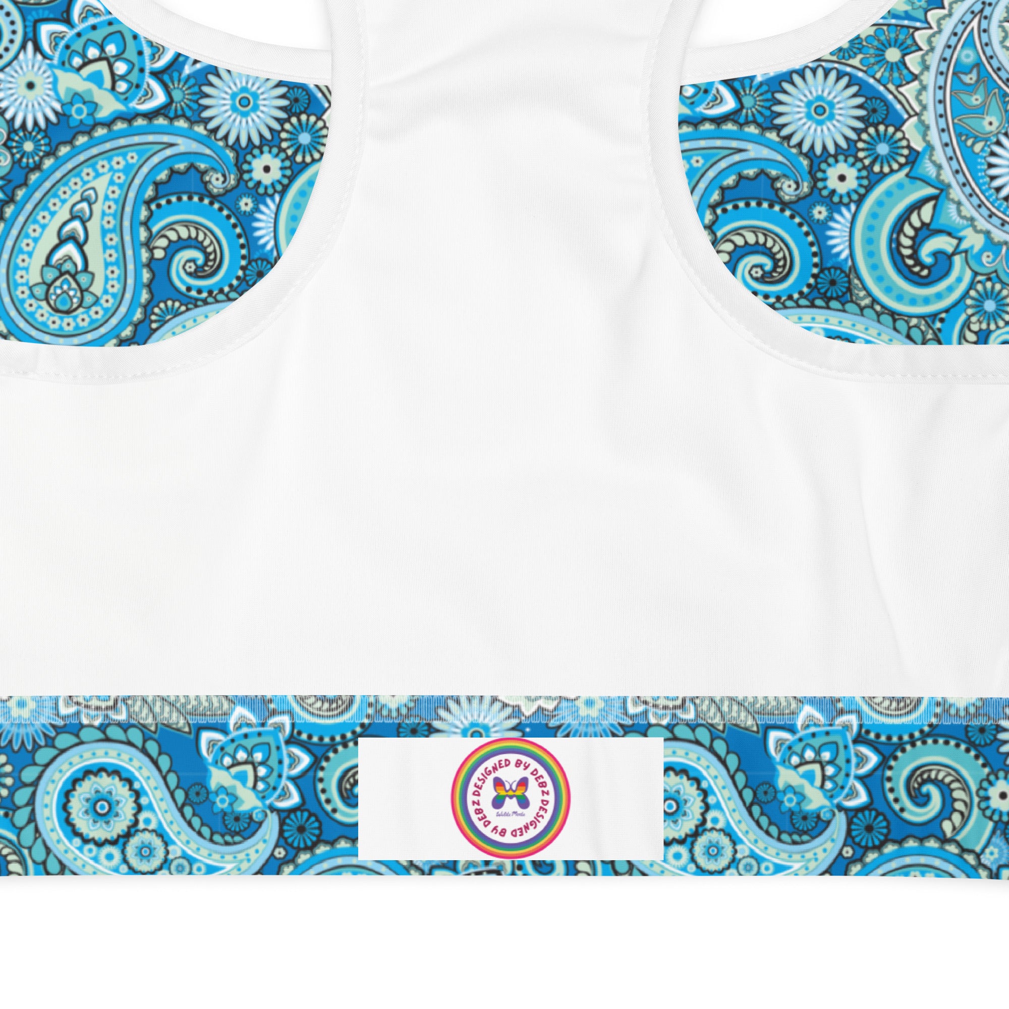 Blue paisley print sports bra by Printful featuring a comfortable fit, all-over design, and supportive style.
