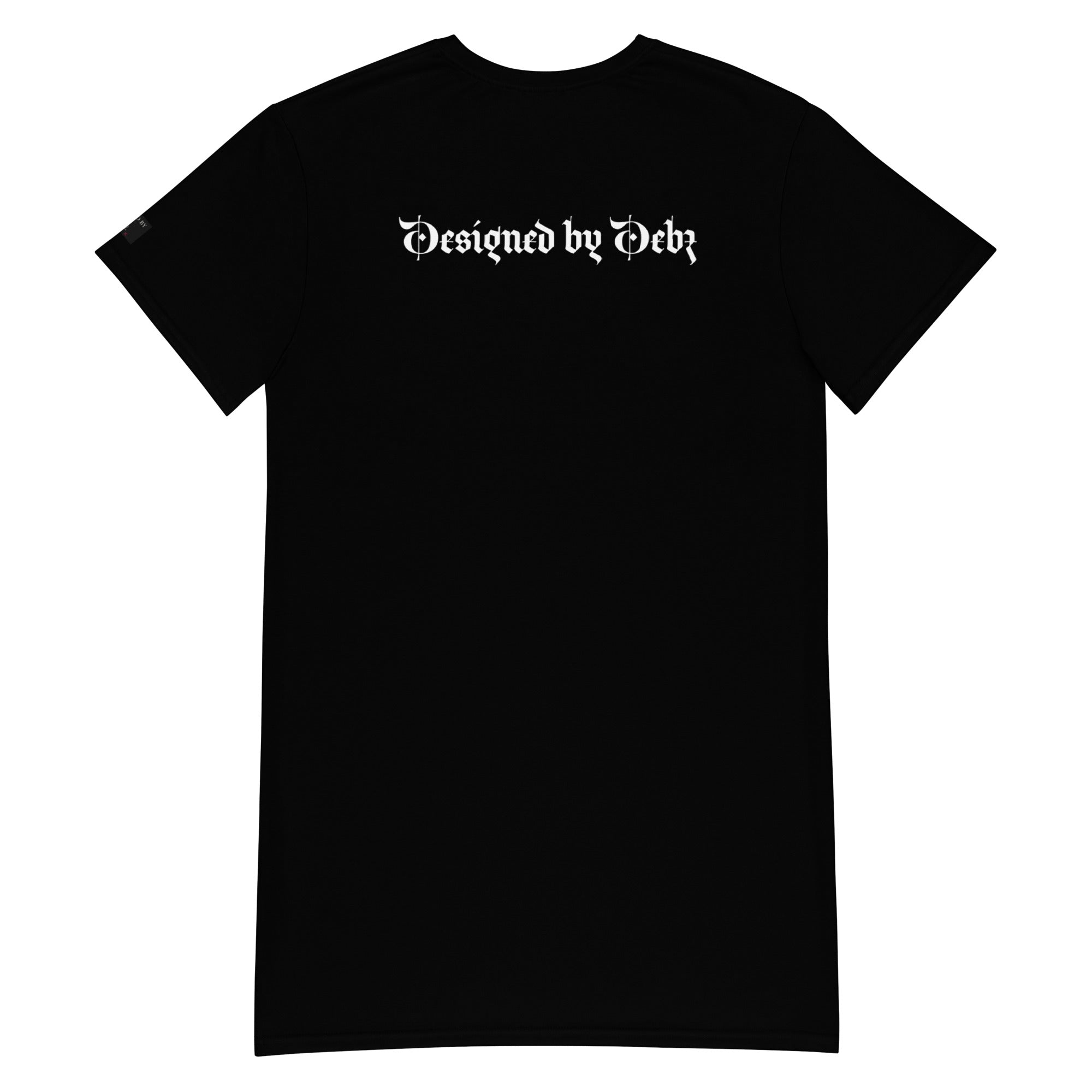 Black Cottage Witch T-Shirt Dress by Printful, all-over print, displayed from the back with a relaxed fit and casual style.