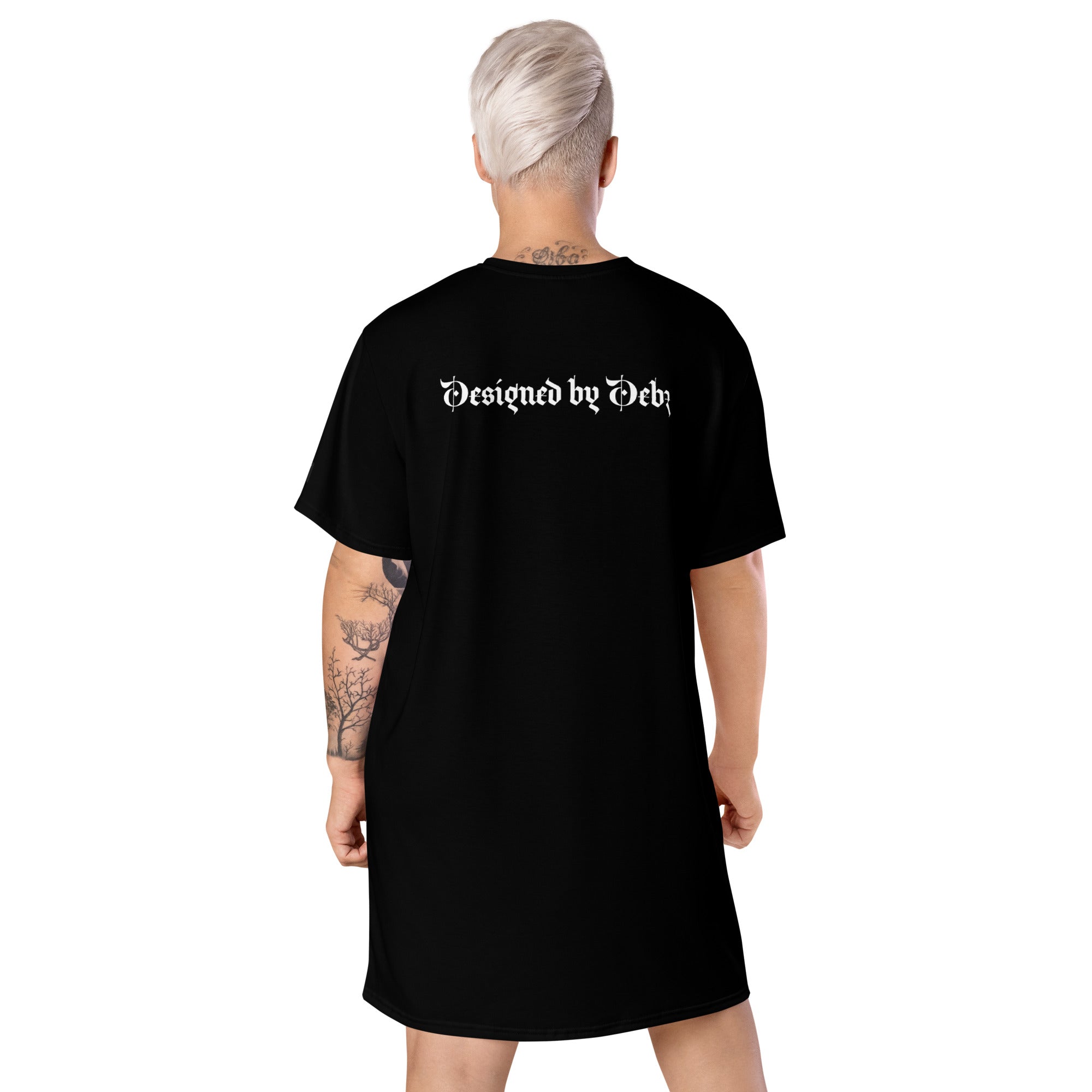 Black Cottage Witch T-Shirt Dress by Printful, all-over print design, shown from the back in size XS to 3XL.